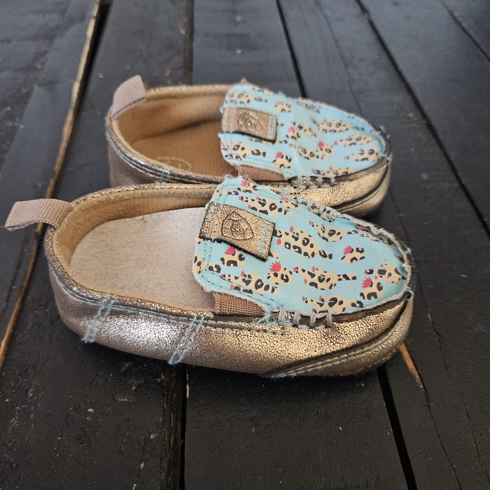 Ariat Baby Crib Shoes Leopard Cactus Moccasins Brown Gold and Blue